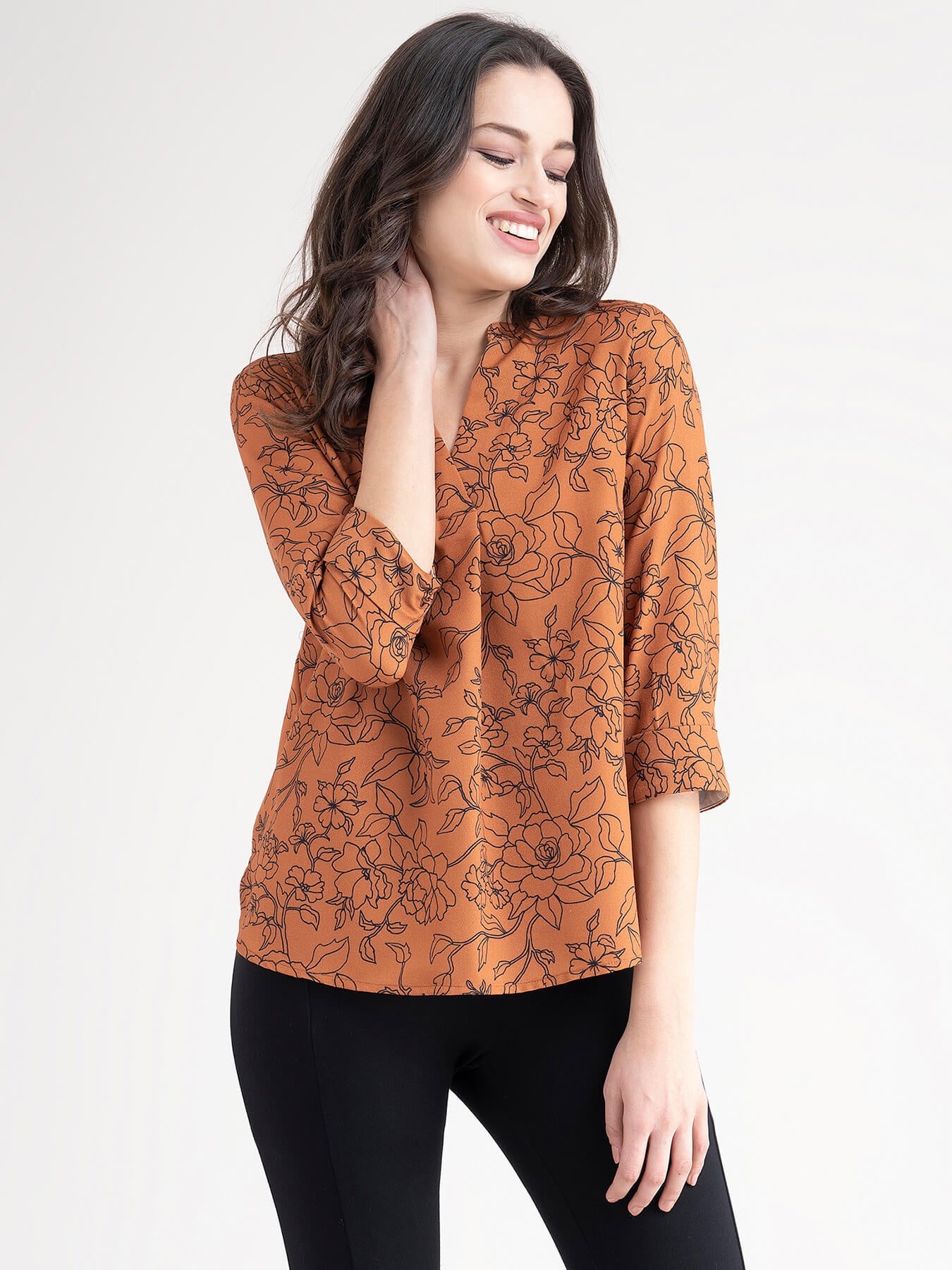 Mandarin V Neck Floral Top - Rust And Black