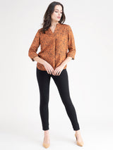 Mandarin V Neck Floral Top - Rust And Black