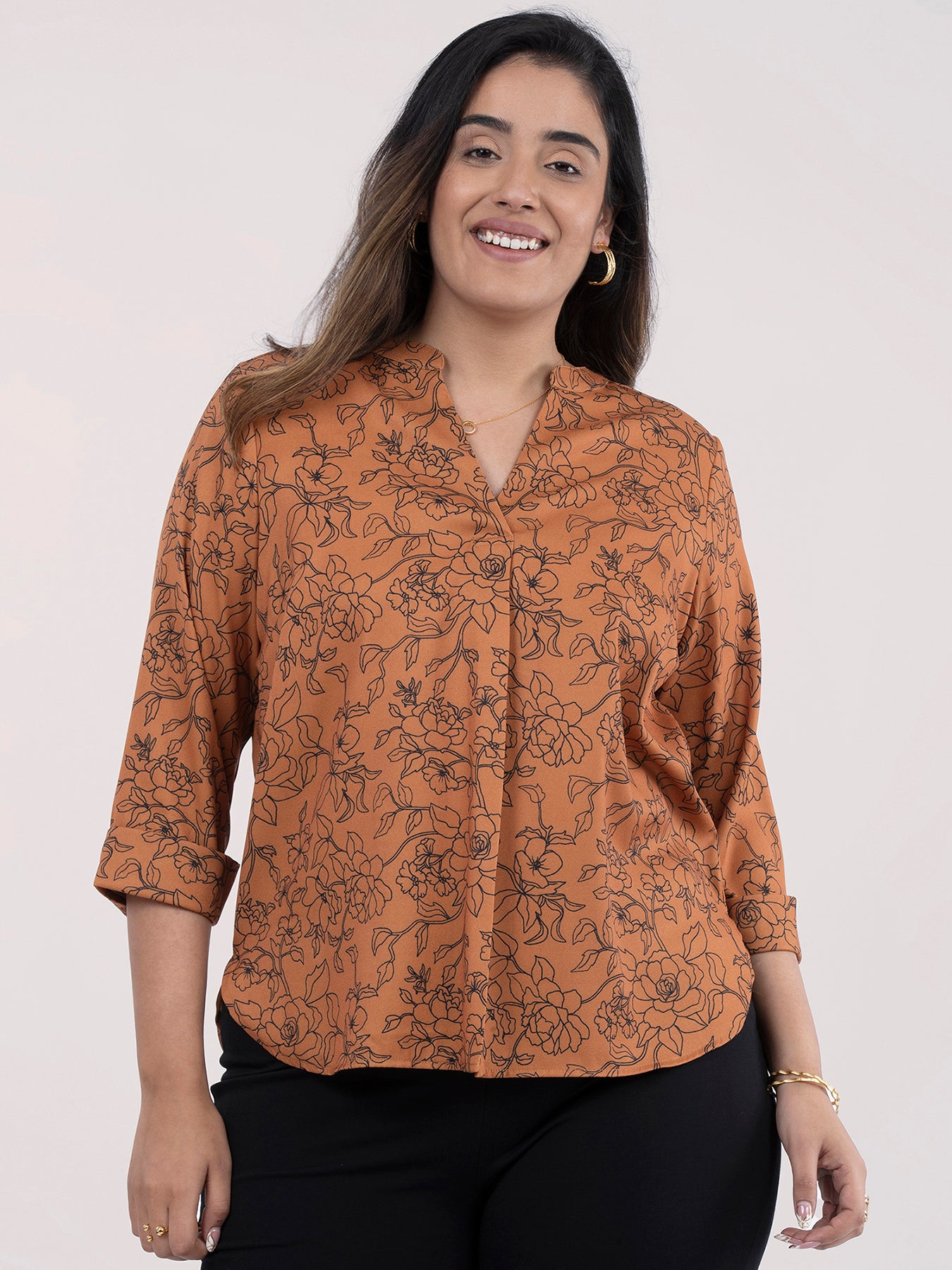 Mandarin V Neck Floral Top - Rust And Black