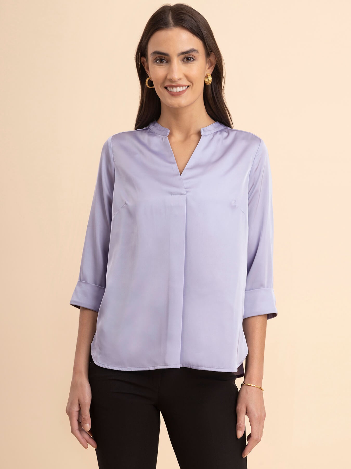 Satin Mandarin Collar Top - Lilac