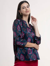 Satin Ethnic Motifs Print Top - Navy Blue and Fuchsia