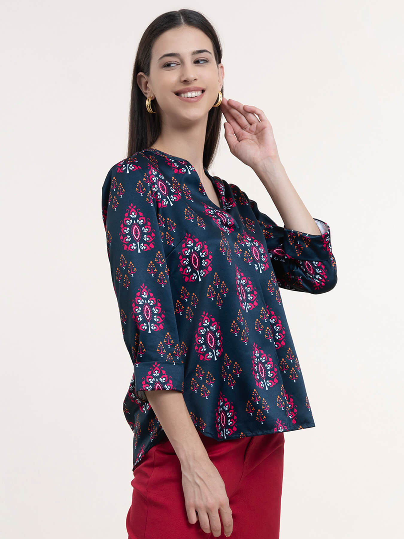 Satin Ethnic Motifs Print Top - Navy Blue and Fuchsia