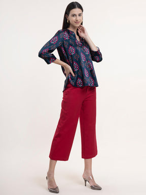 Satin Ethnic Motifs Print Top - Navy Blue and Fuchsia