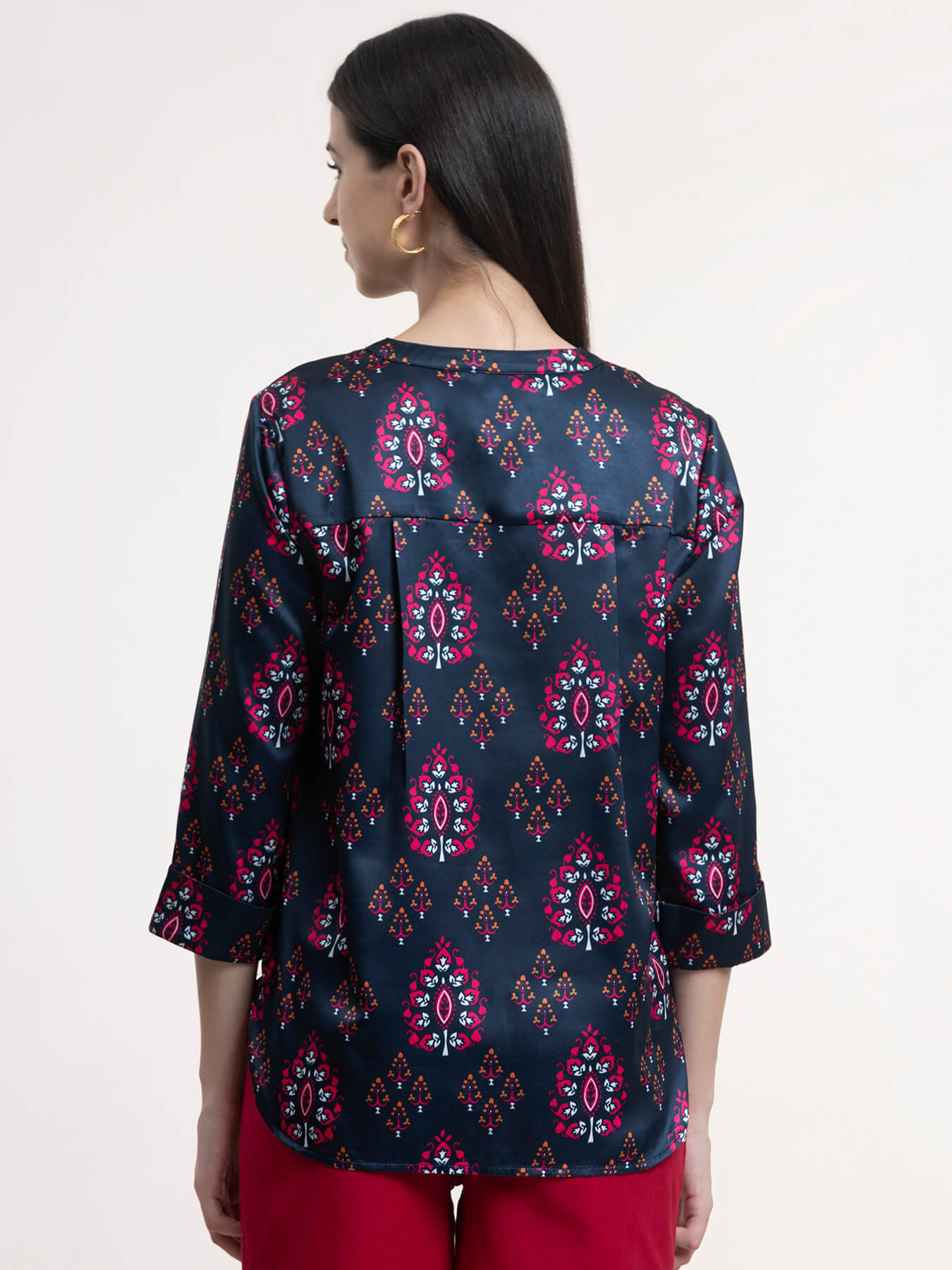 Satin Ethnic Motifs Print Top - Navy Blue and Fuchsia