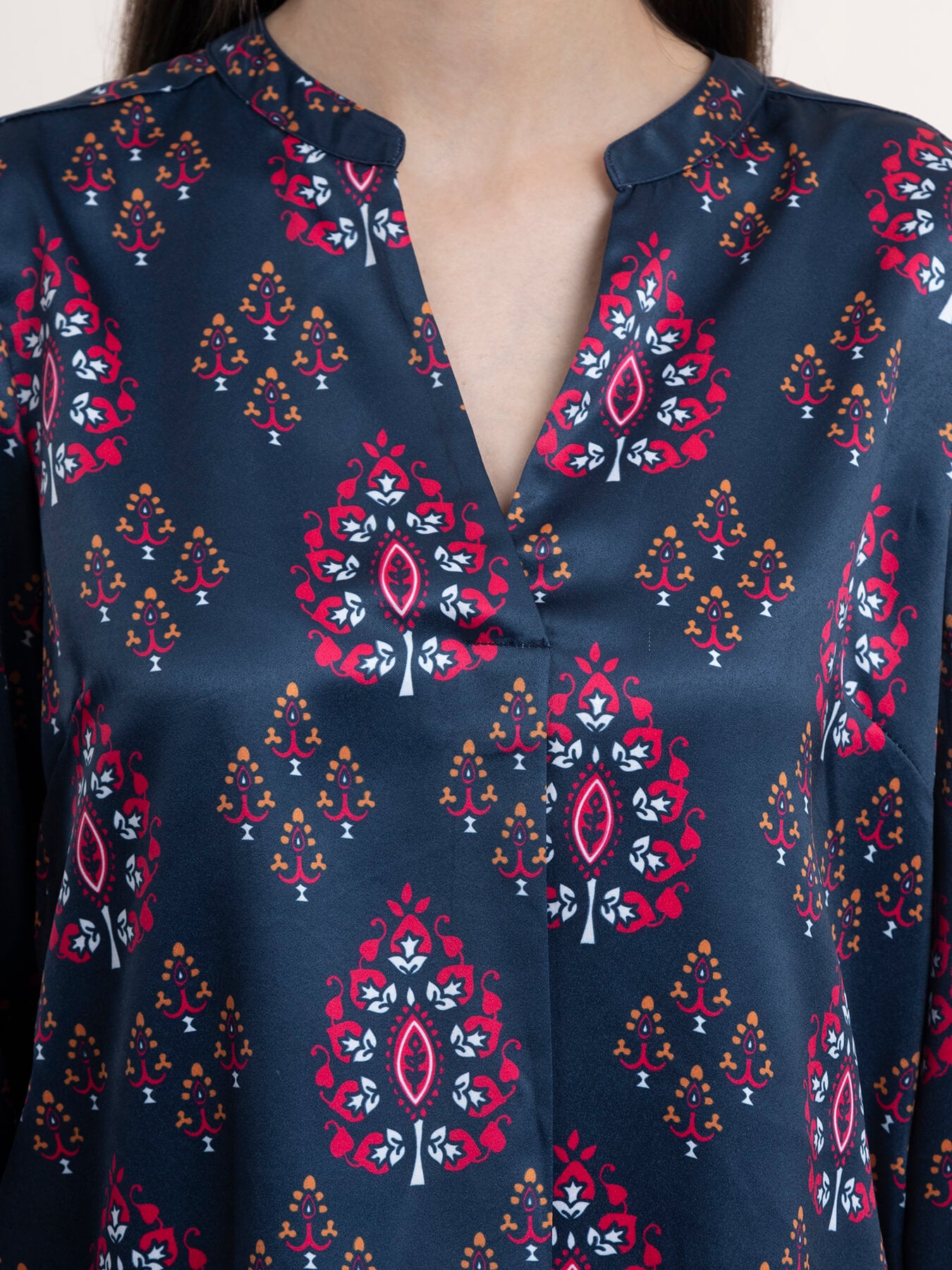 Satin Ethnic Motifs Print Top - Navy Blue and Fuchsia