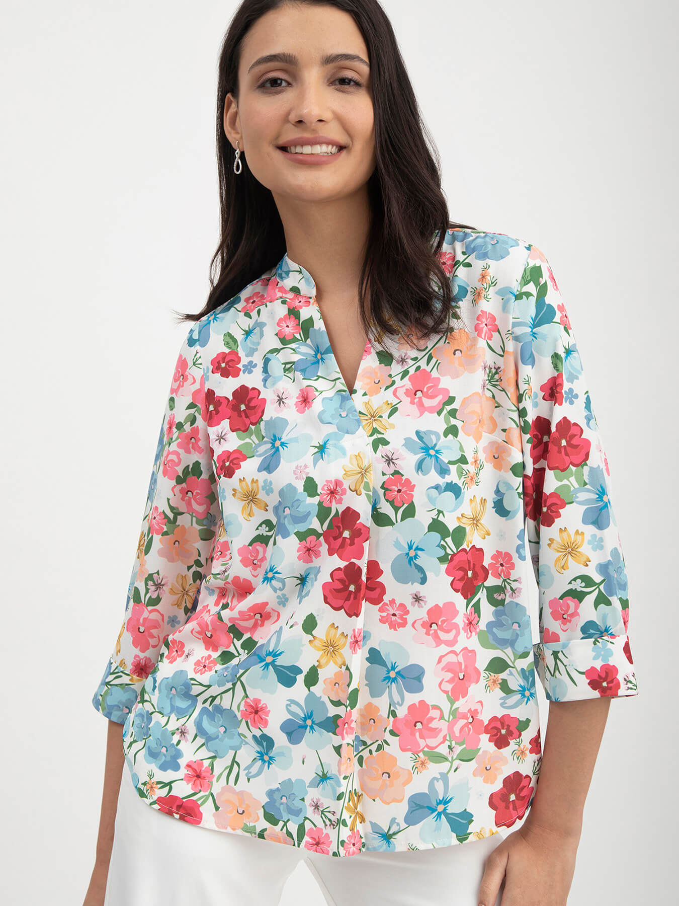Floral Print Mandarin Neck Top - Multicolour