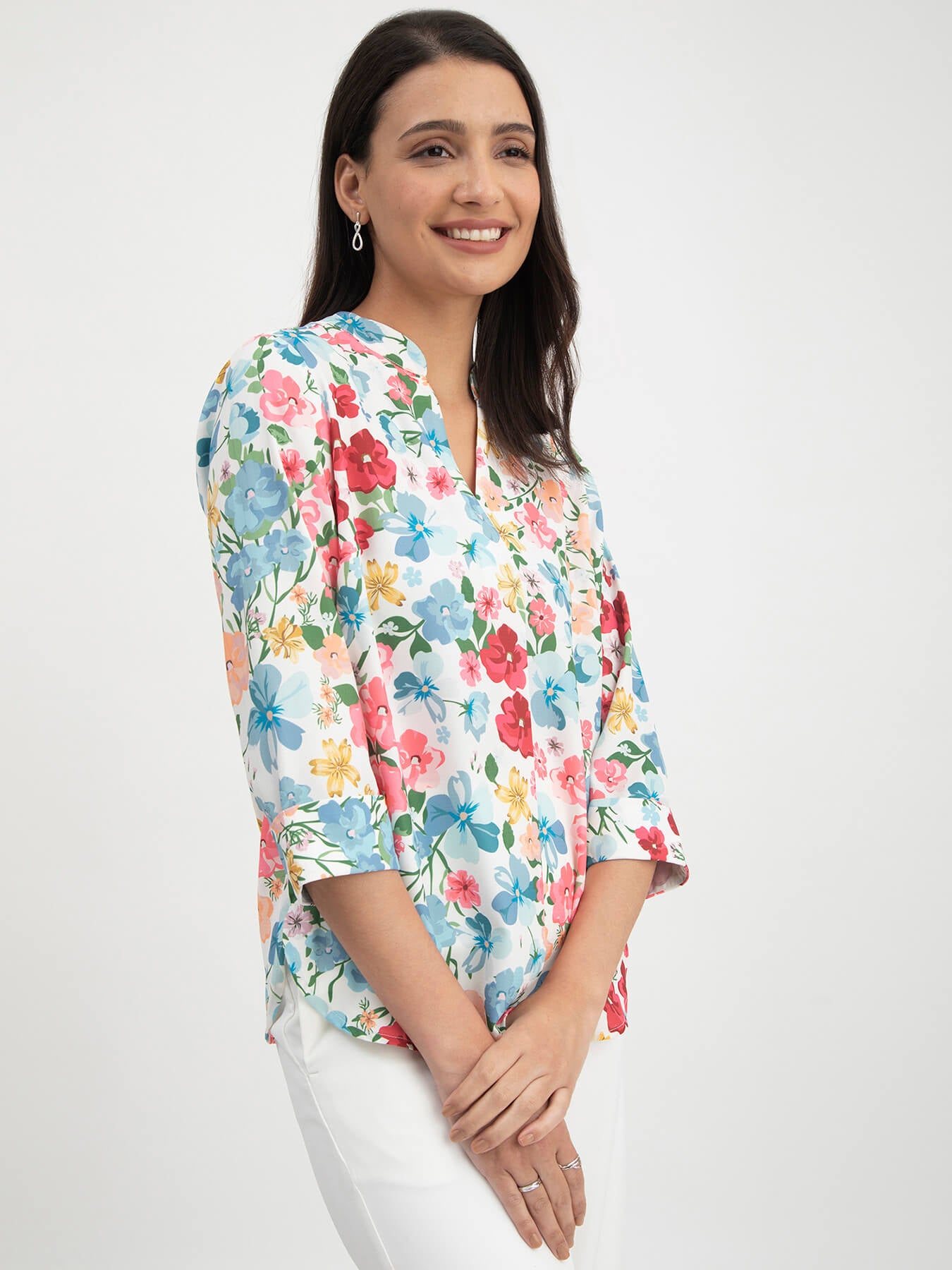Floral Print Mandarin Neck Top - Multicolour