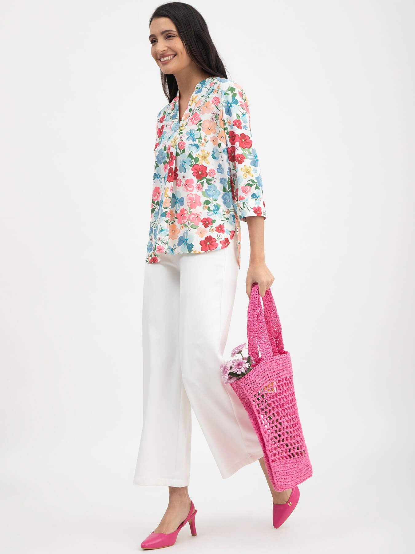 Floral Print Mandarin Neck Top - Multicolour