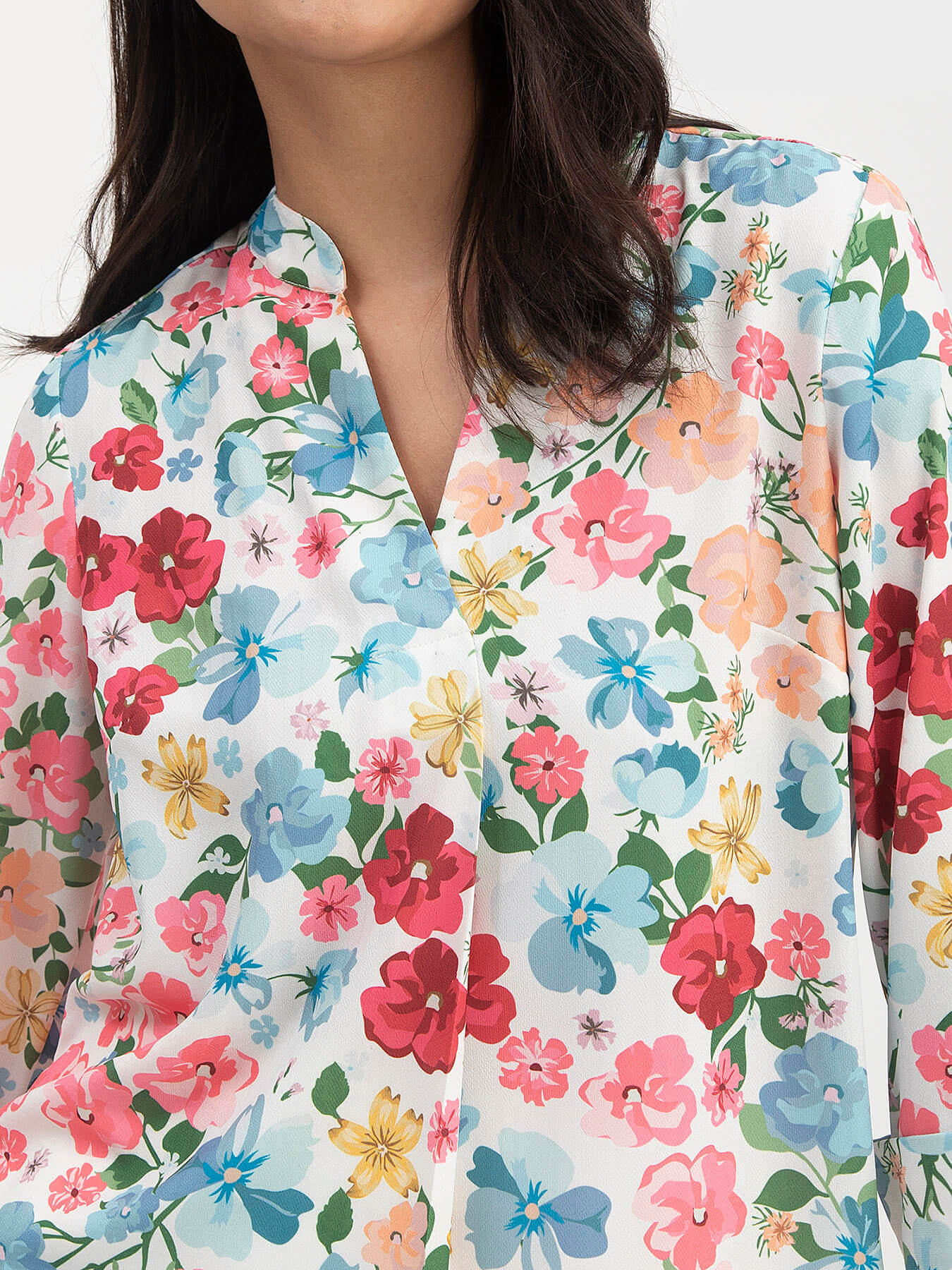 Floral Print Mandarin Neck Top - Multicolour