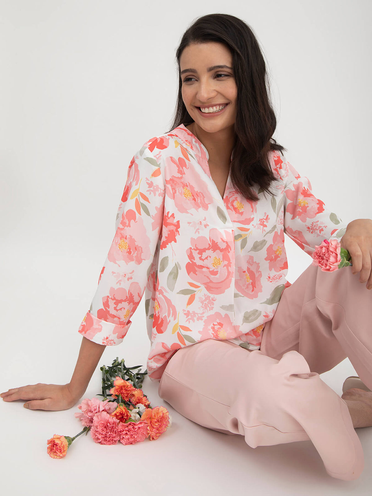Floral Print Mandarin Neck Top - White And Pink
