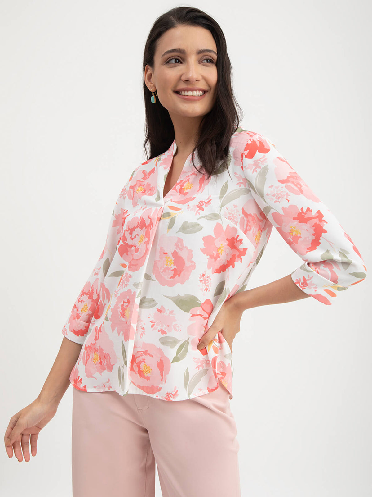 Floral Print Mandarin Neck Top - White And Pink