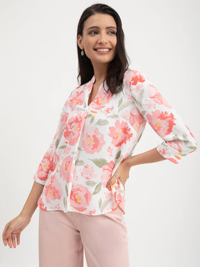 Floral Print Mandarin Neck Top - White And Pink