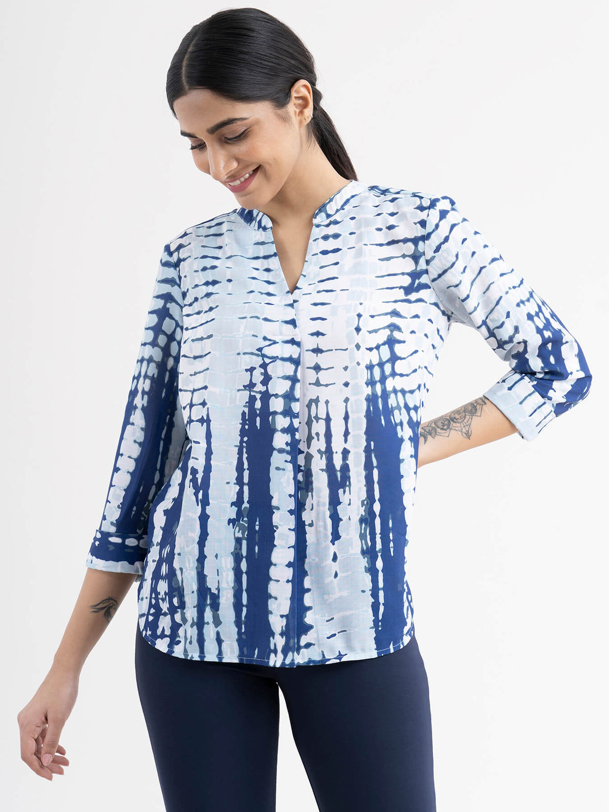 Shibori Print Top - White And Blue| Formal Tops