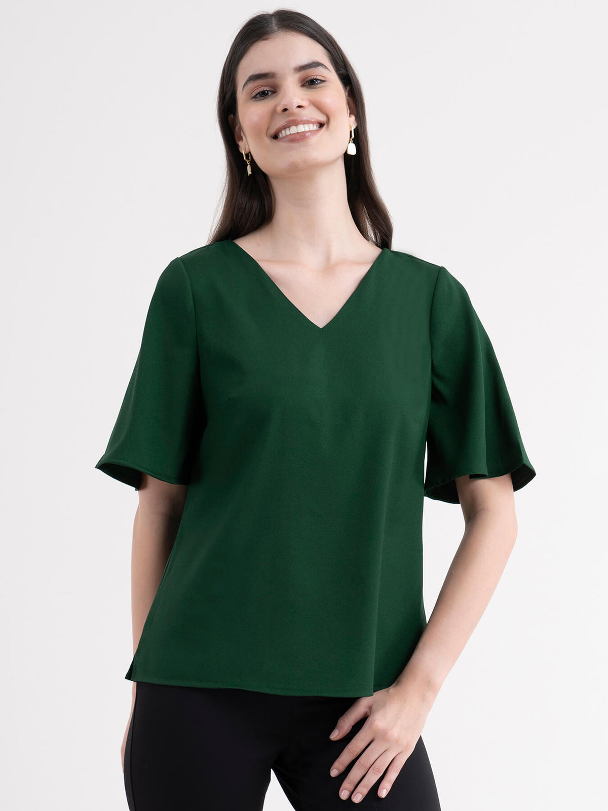 V Neck Bell Sleeve Top - Green