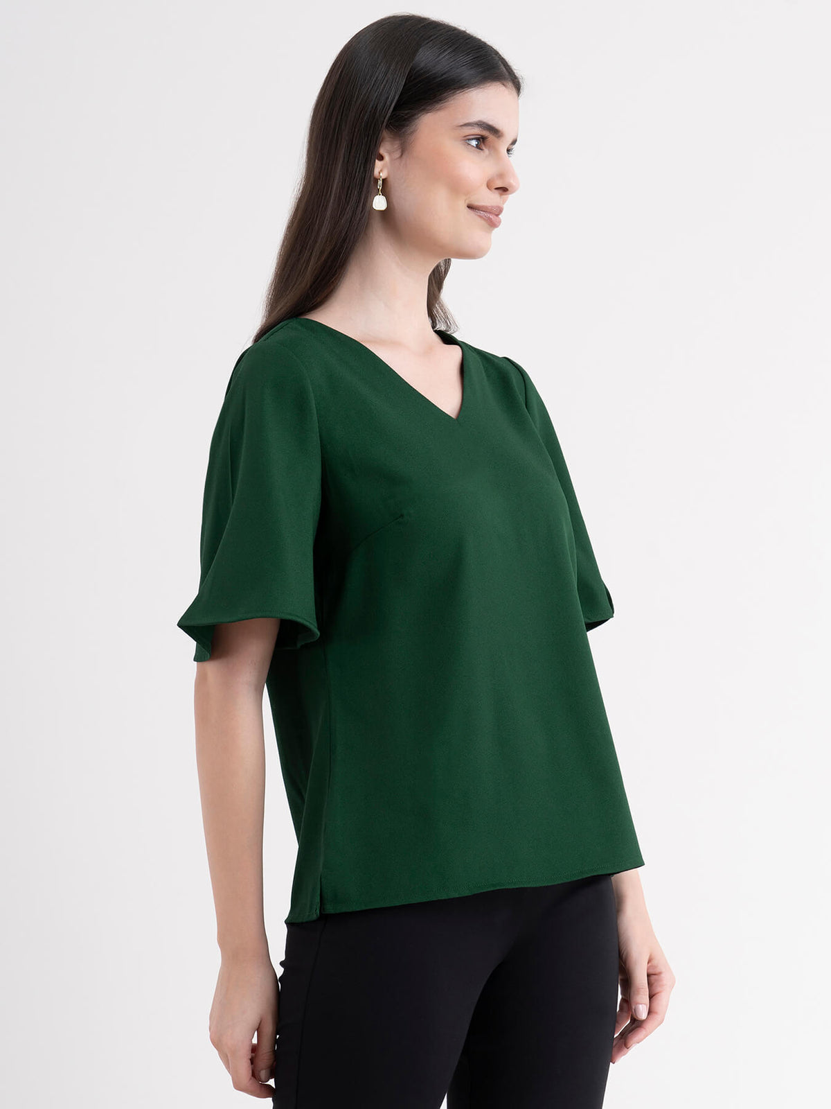 V Neck Bell Sleeve Top - Green