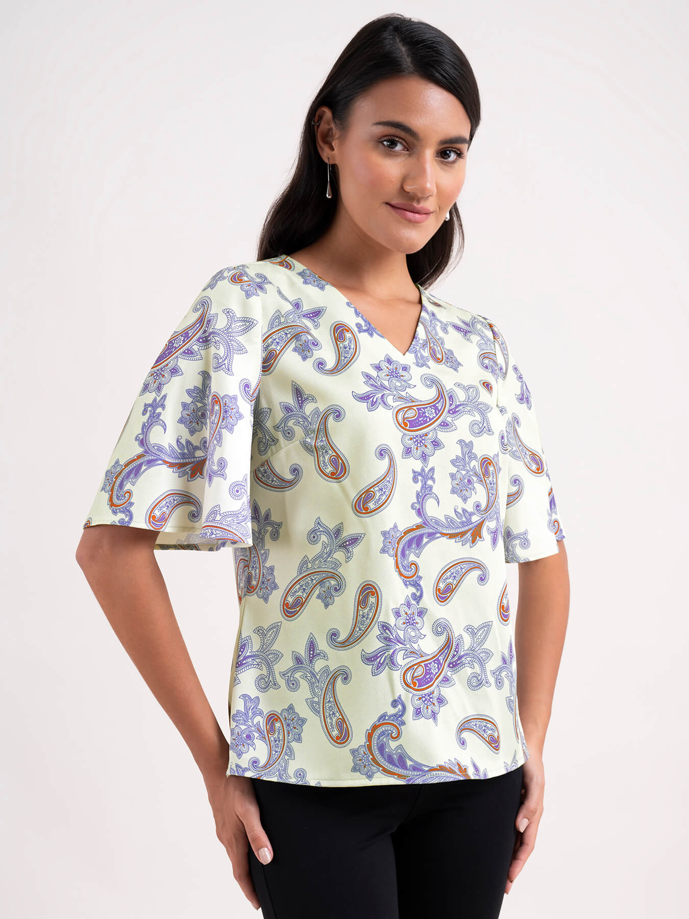 Bell Sleeve Paisley Top - Off White