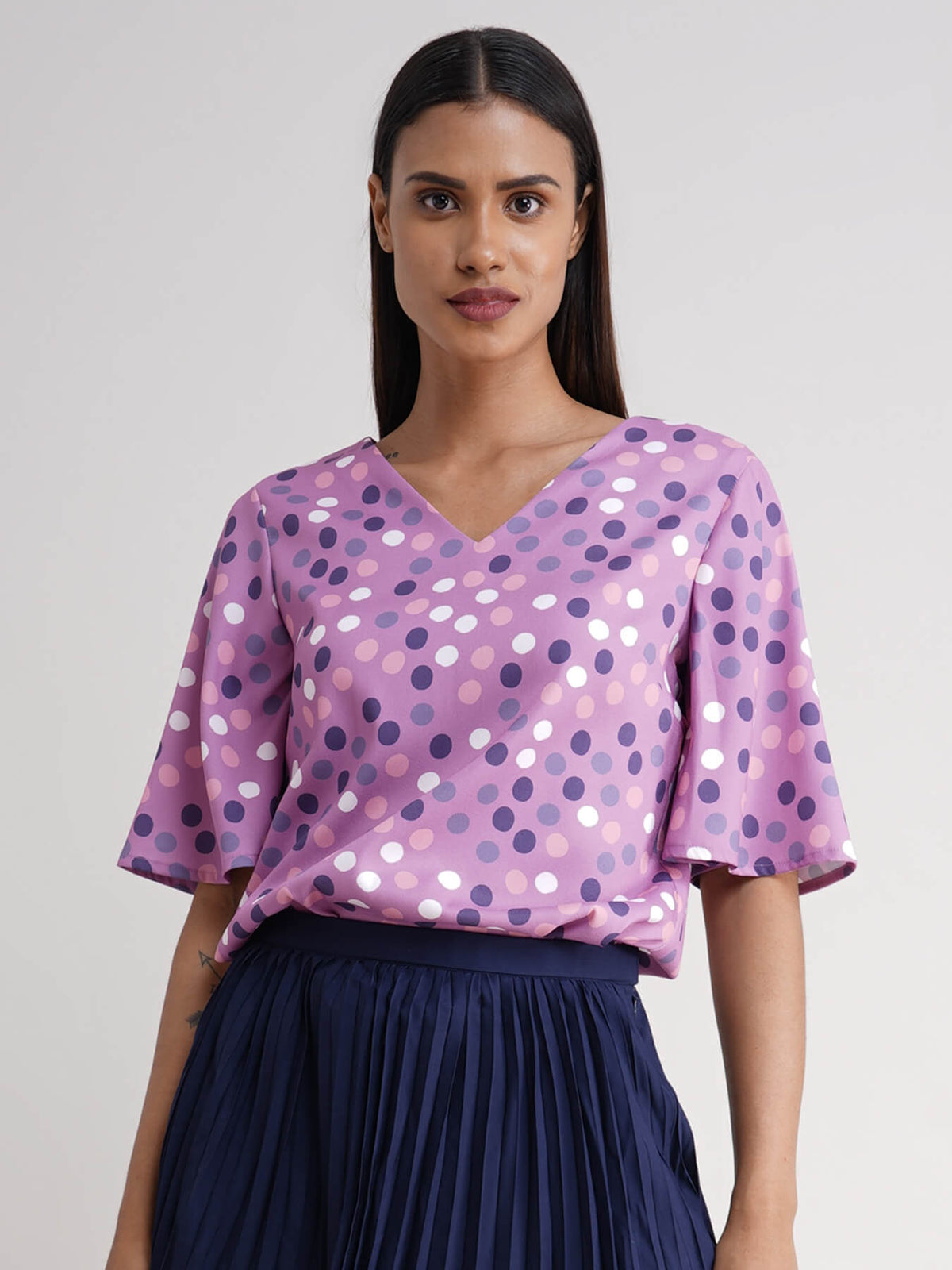 Polka Dot Bell Sleeve Top - Purple