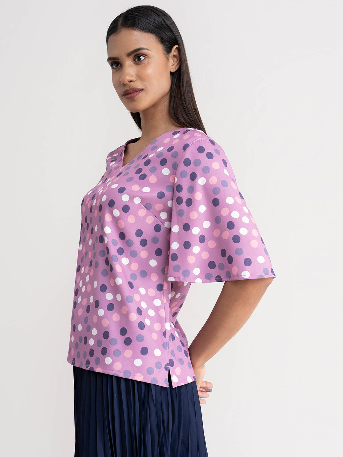 Polka Dot Bell Sleeve Top - Purple