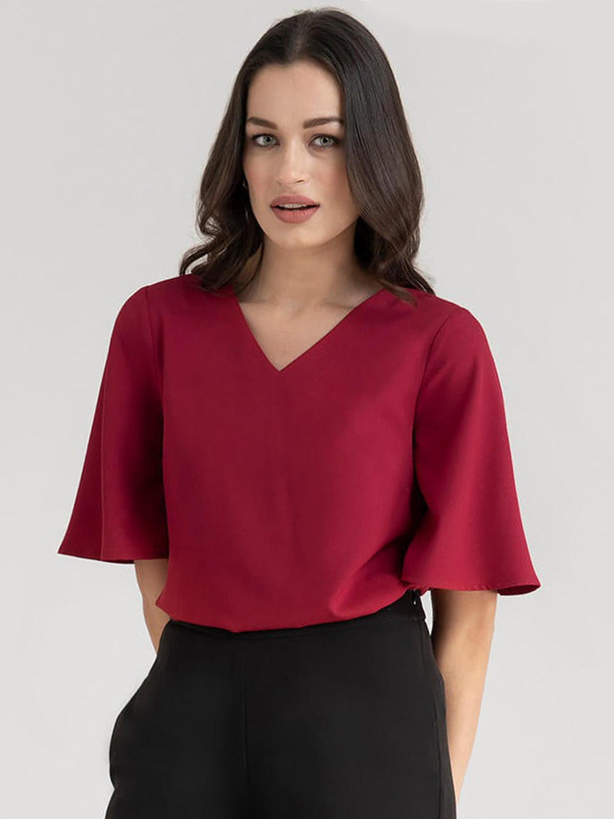 V Neck Bell Sleeve Top - Red
