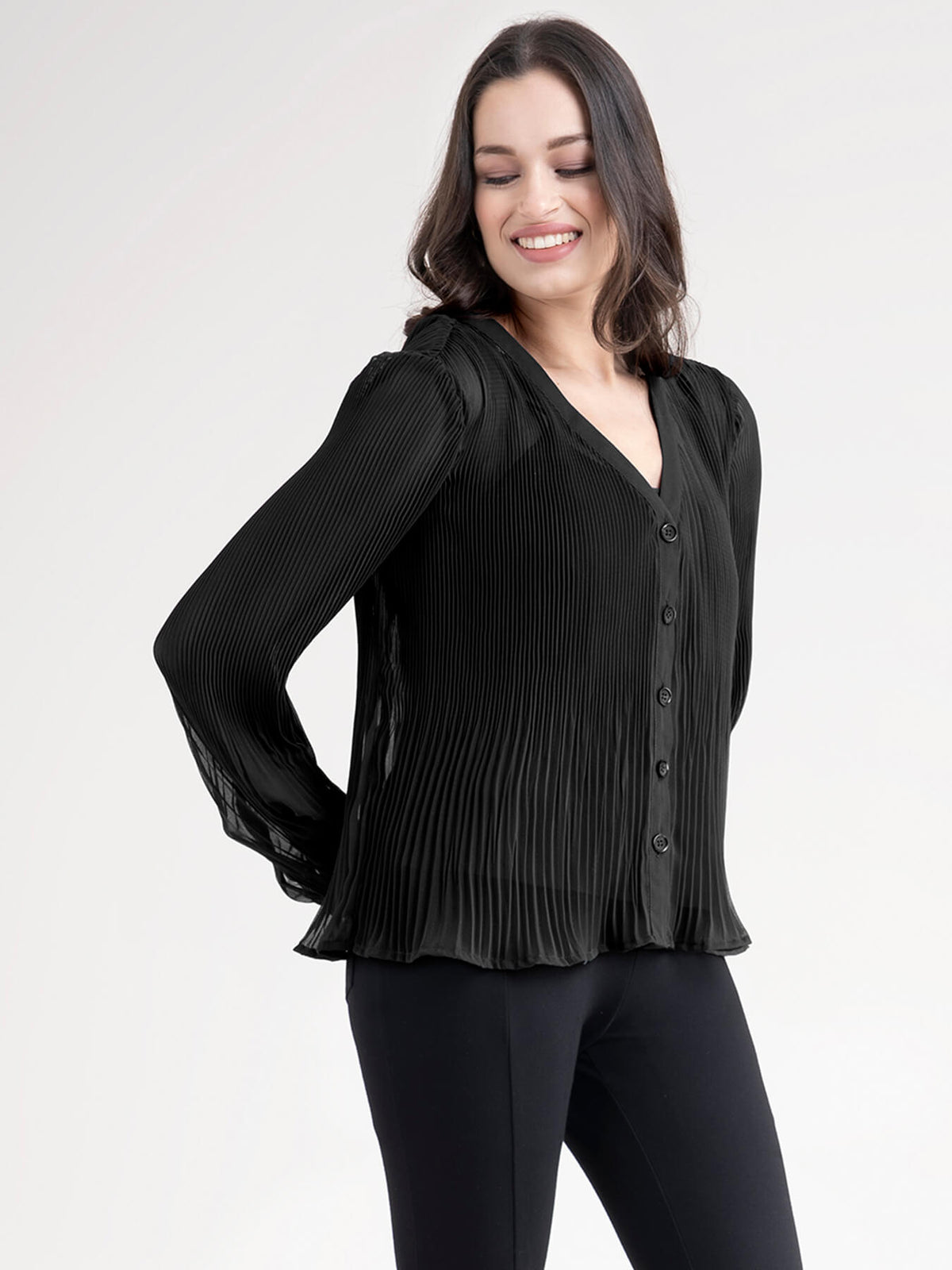 Georgette V Neck Pleated Top - Black