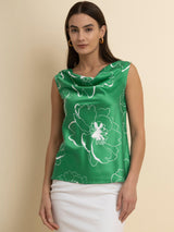 Satin Floral Cowl Neck Top - Green