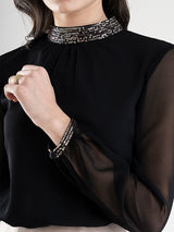 High Neck Sequin Detail Top - Black