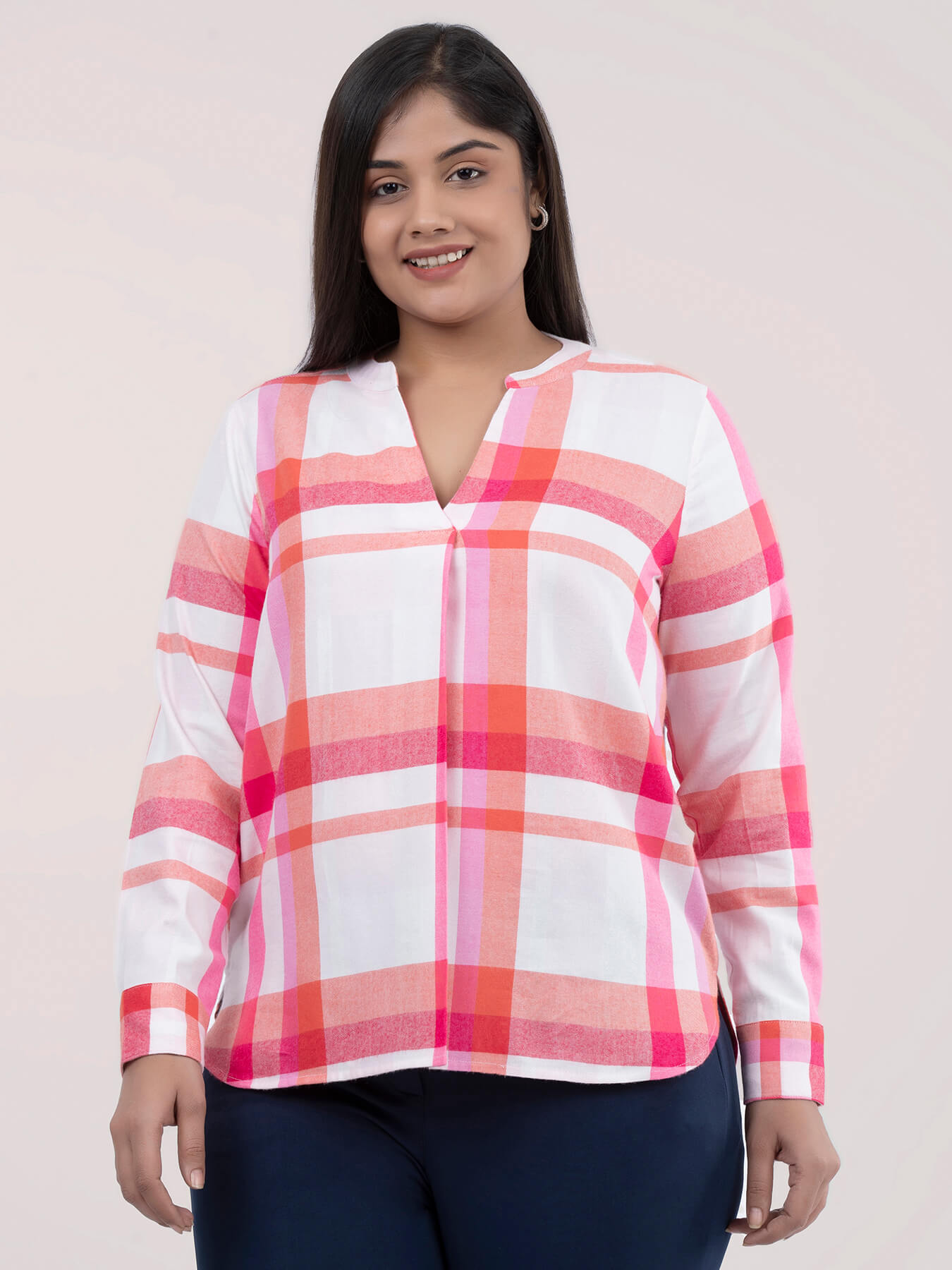 Cotton Checkered Top - White and Pink| Formal Tops