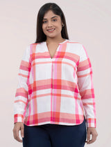 Cotton Checkered Top - White and Pink| Formal Tops