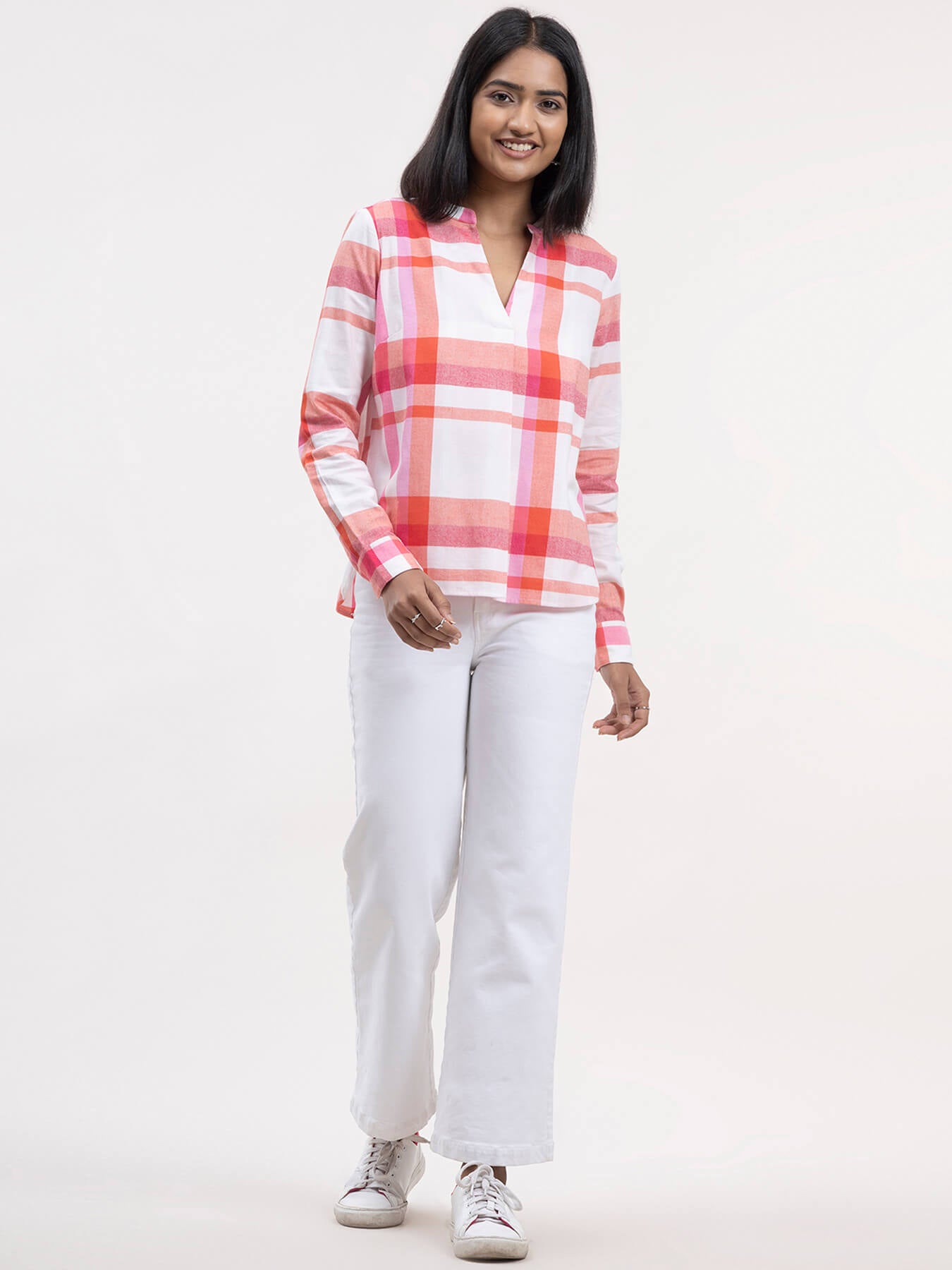 Cotton Checkered Top - White and Pink| Formal Tops