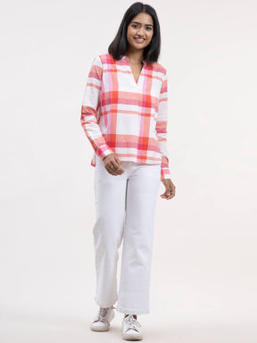 Cotton Checkered Top - White and Pink| Formal Tops