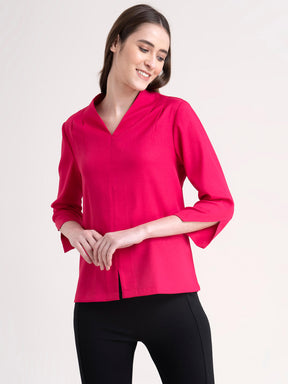 V Neck Pleat Detail Top - Fuchsia