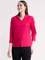 V Neck Pleat Detail Top - Fuchsia