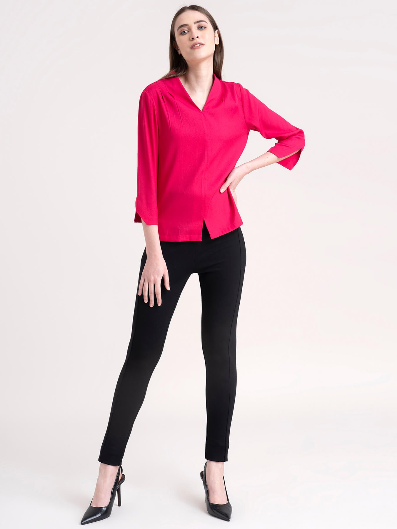 V Neck Pleat Detail Top - Fuchsia