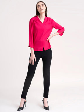 V Neck Pleat Detail Top - Fuchsia