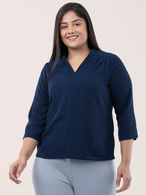 V Neck Pleat Detail Top - Navy Blue| Formal Tops