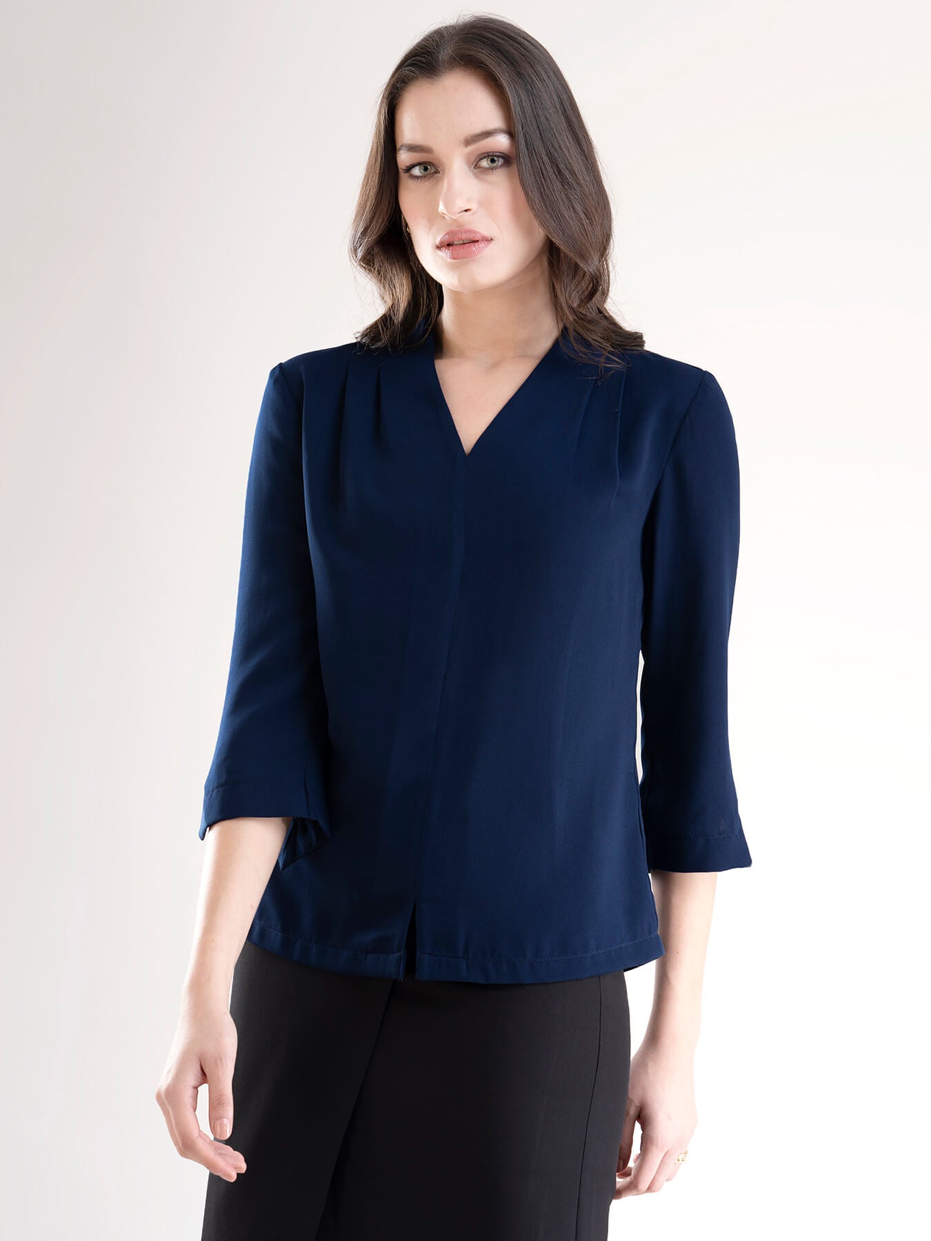 V Neck Pleat Detail Top - Navy Blue| Formal Tops