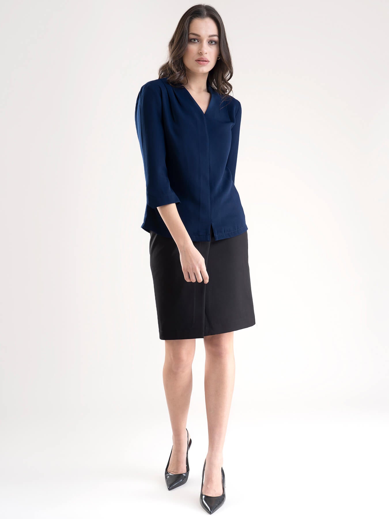 V Neck Pleat Detail Top - Navy Blue| Formal Tops