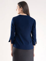 V Neck Pleat Detail Top - Navy Blue| Formal Tops