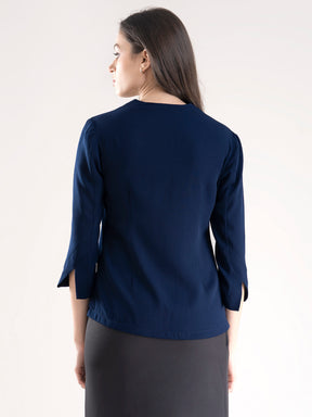 V Neck Pleat Detail Top - Navy Blue| Formal Tops