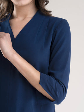 V Neck Pleat Detail Top - Navy Blue| Formal Tops