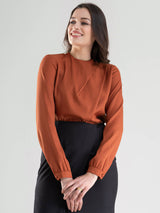 High Neck Pleat Detail Top - Rust