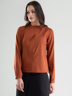 High Neck Pleat Detail Top - Rust