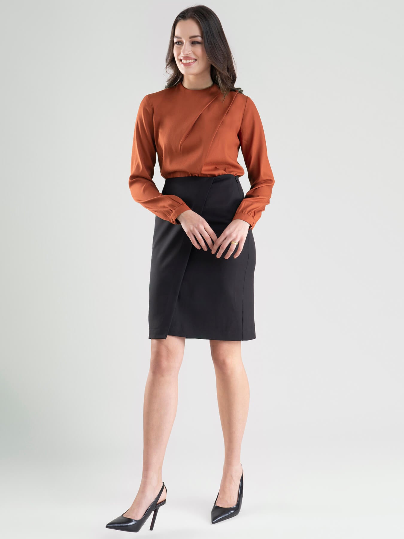 High Neck Pleat Detail Top - Rust