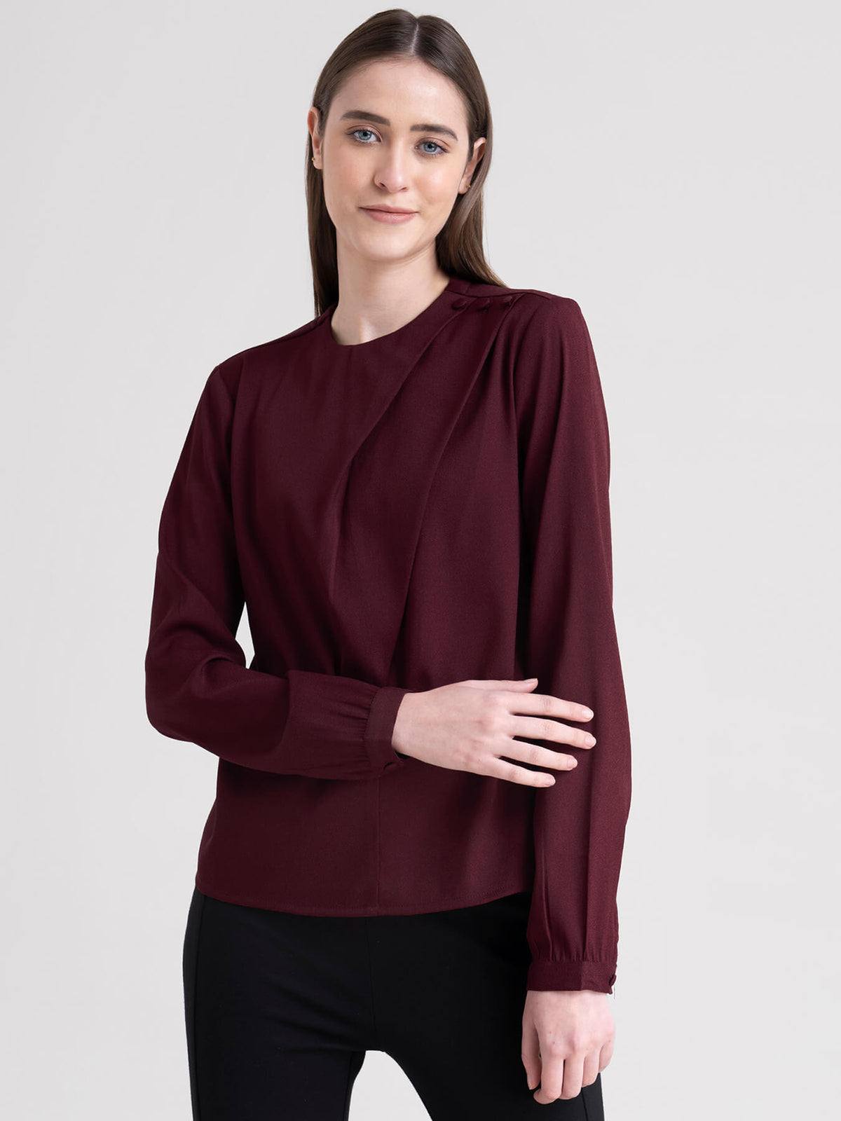 Crew Neck Button Detail Top - Wine