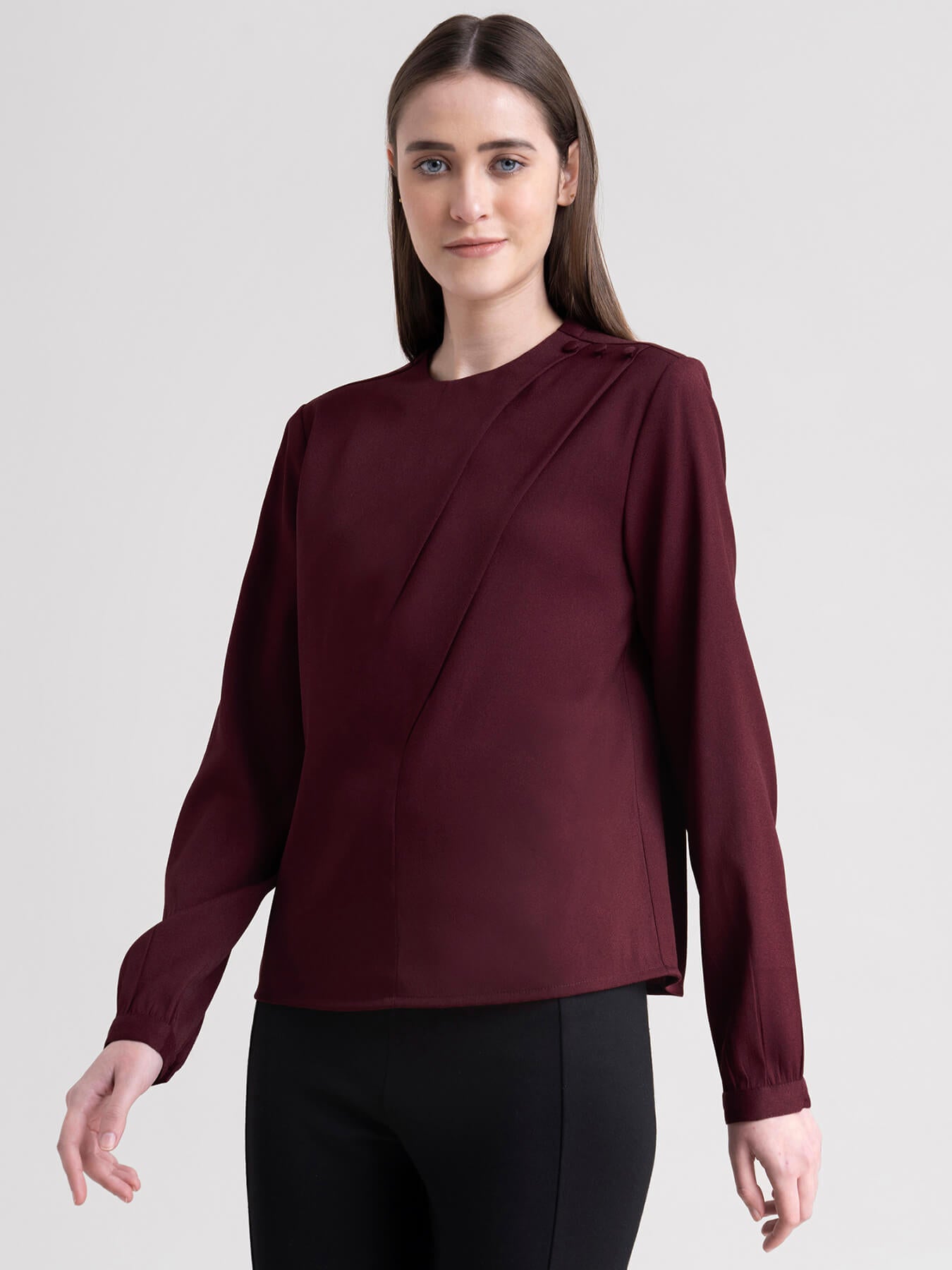 Crew Neck Button Detail Top - Wine