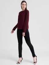 Crew Neck Button Detail Top - Wine