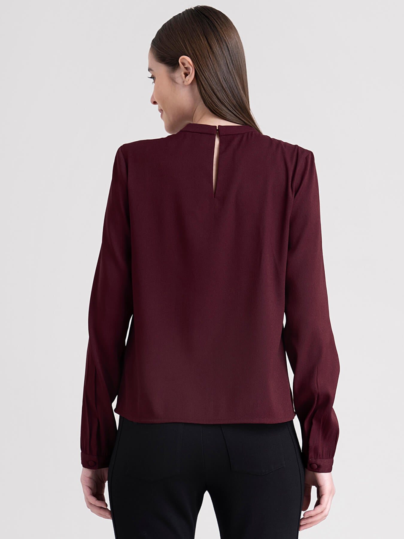 Crew Neck Button Detail Top - Wine