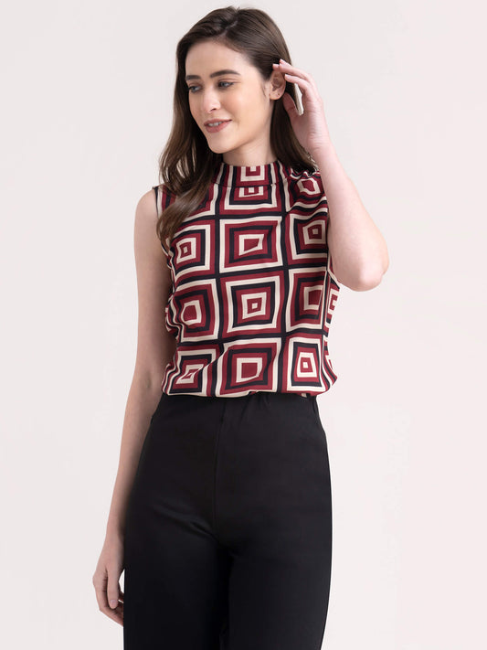 Geometric Print Top - Maroon| Formal Tops