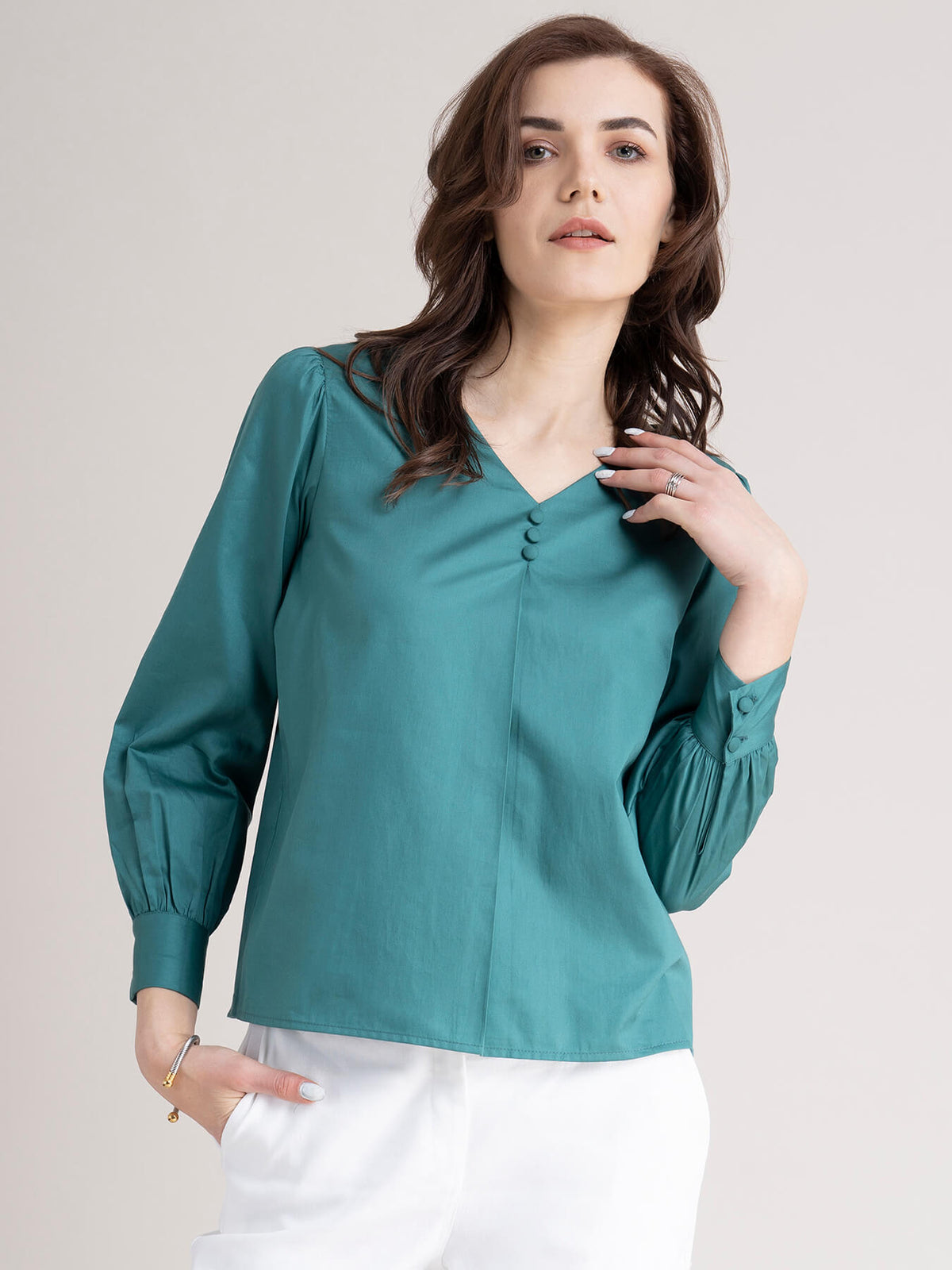 Cotton Front Pleat Top - Teal