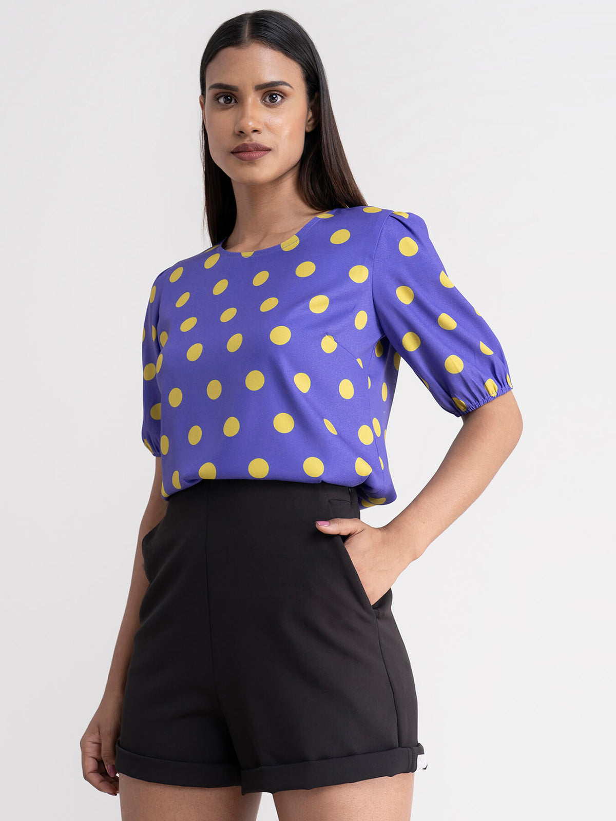 Polka Dot Puff Sleeve Top - Electric Blue